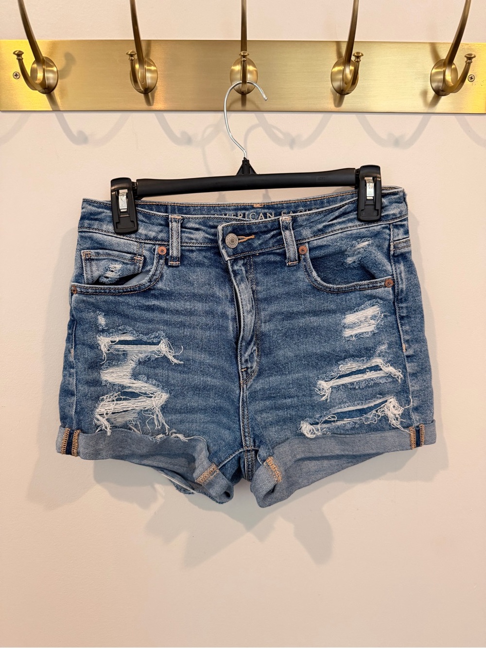 American Eagle Outfitters Distressed Roll-Cuff Denim Shorts - Blue Wash